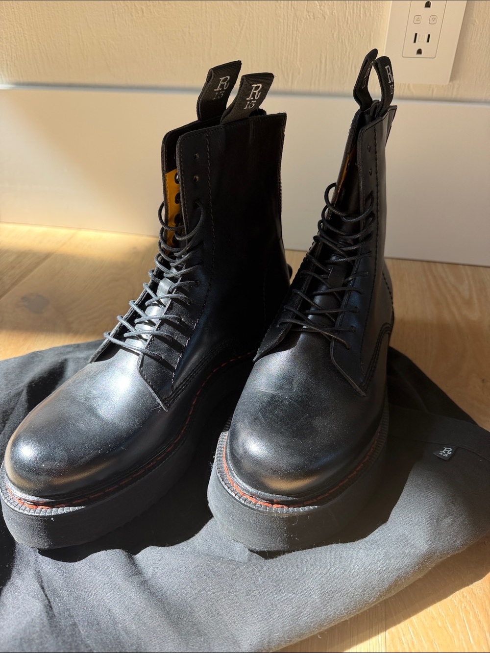 R13 Black Leather Platform Lace-Up Boots